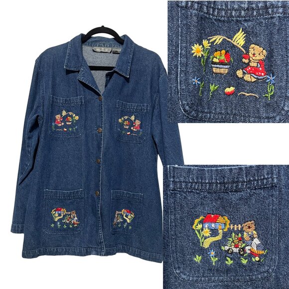 Way To Go Womens VTG Embroidered Denim Jacket XL Farm Bears Teacher Whimsical - Picture 1 of 10
